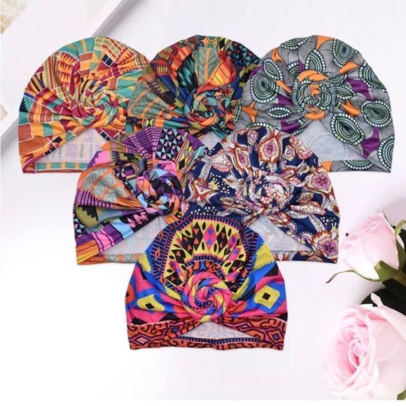 Printed 6 Pieces African Head Wraps for Women, Pre-Tied Turban Bonnet Beani…​​ main image 3